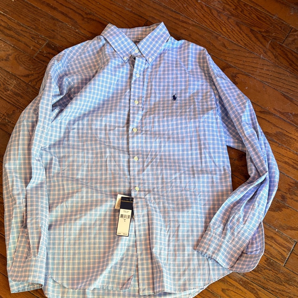 Polo by Ralph Lauren Blue and Pink Checked Button-Down Dress Shirt